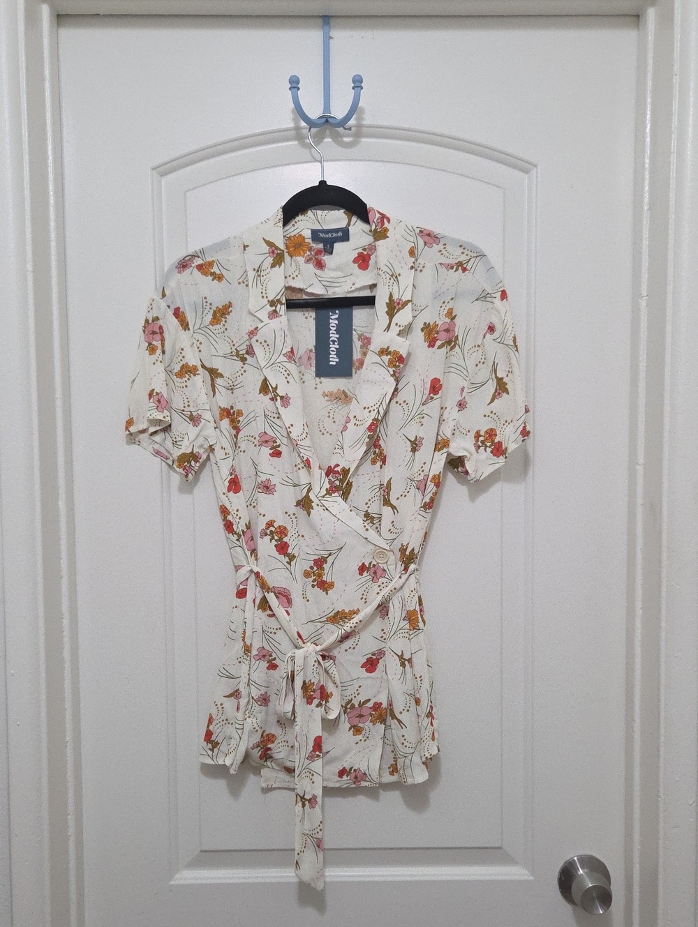 Modcloth Cream Floral Wrap Blouse with Tie Waist